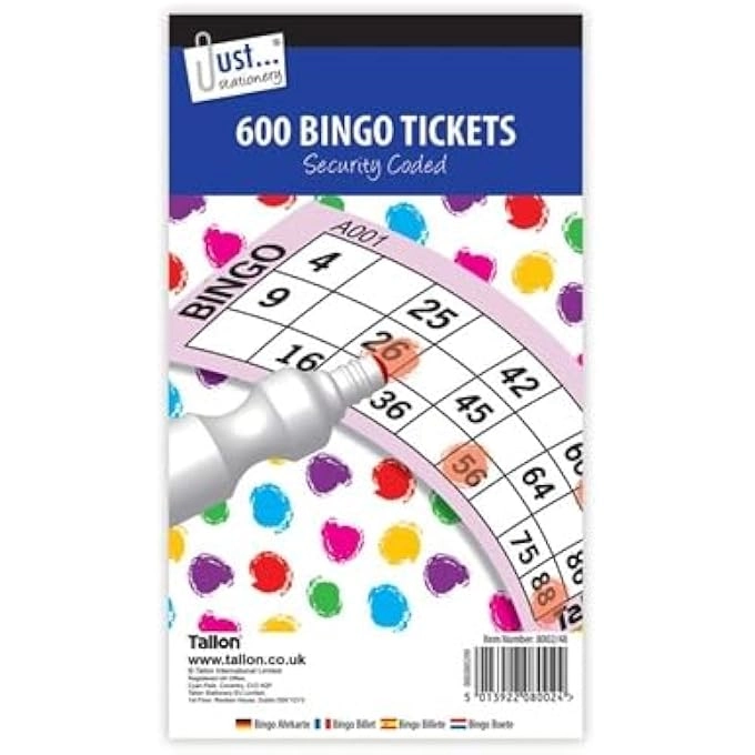 Bingo Cards - 600 Jumbo + Raffle Tickets - 1000 + Fluorescent Prize Tags - 50