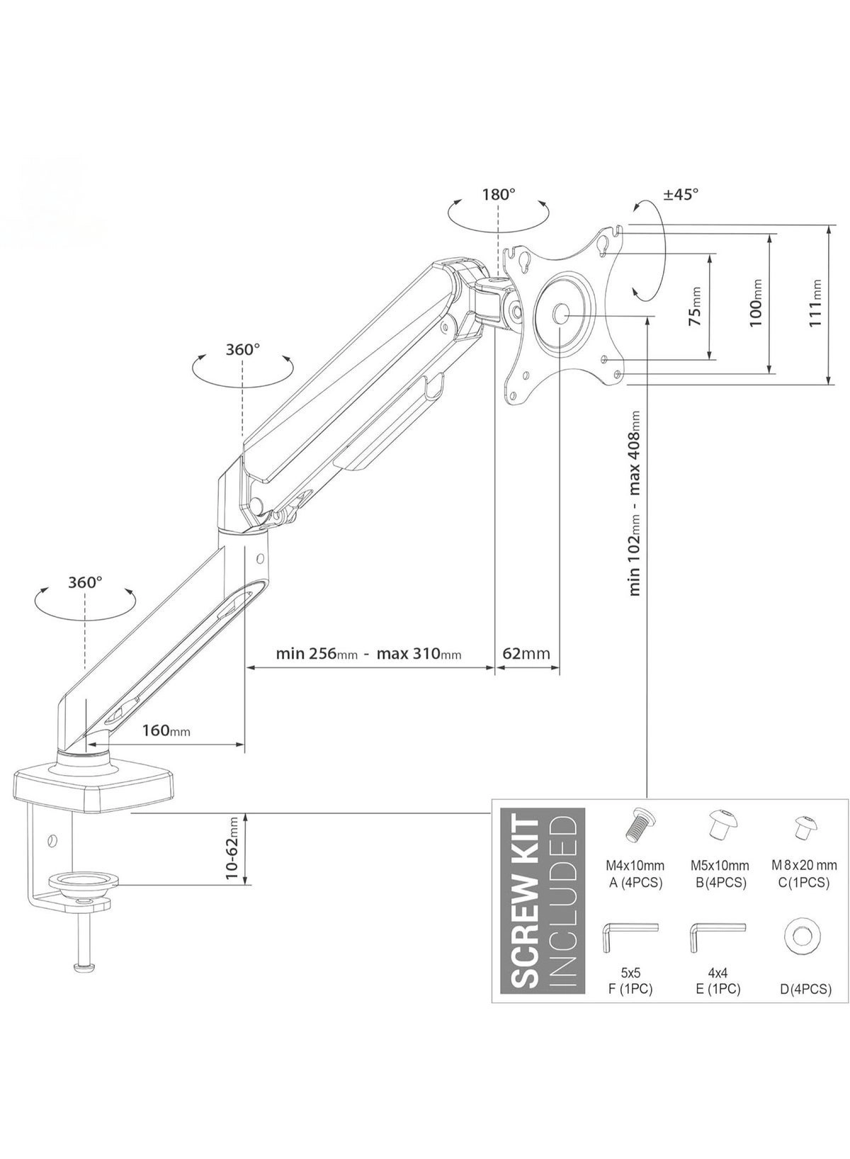 Full Motion Tilt Swivel Single Monitor Arm - 13-32 inch 100 x 100 or 75 x 75 mm