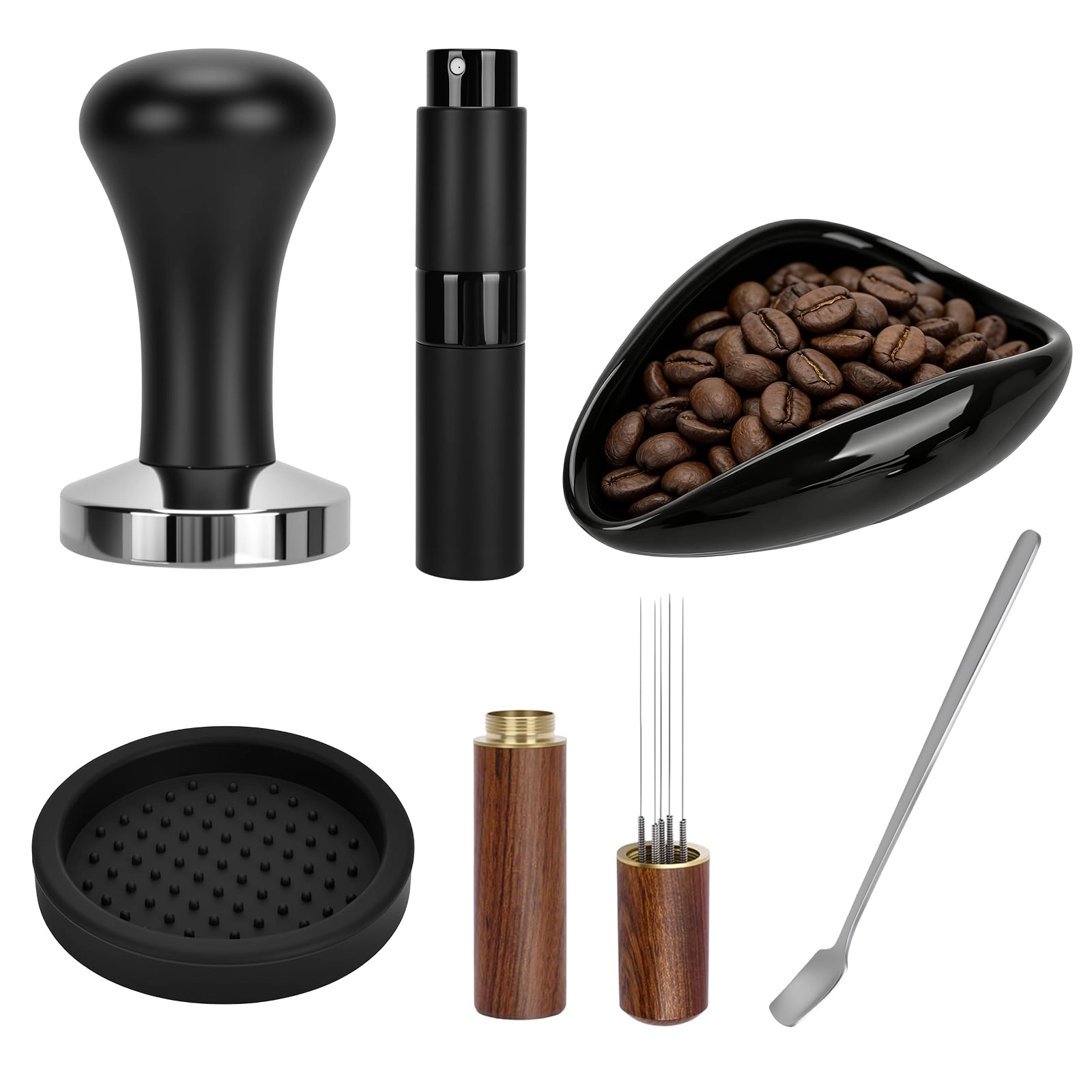 Turmegtt Coffee Tamper - 51mm + WDT Tool + Tamper Mat - Silicone + Spray Bottle - Glass + Stainless Steel Spoon + Coffee Bean Dish - Ceramic