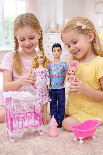Family Doll Set - Mother Father Baby Dolls Crib Bath Accessories Ages 3+