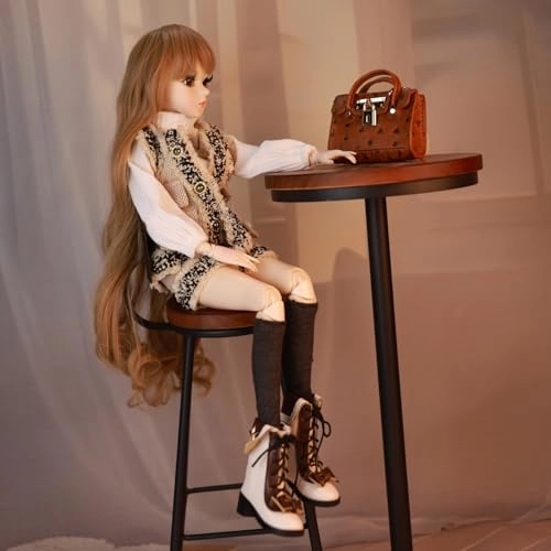 BJD Doll - Brown Curly Fringe Hair Beige Vest Set 22 Joints Ages 15+
