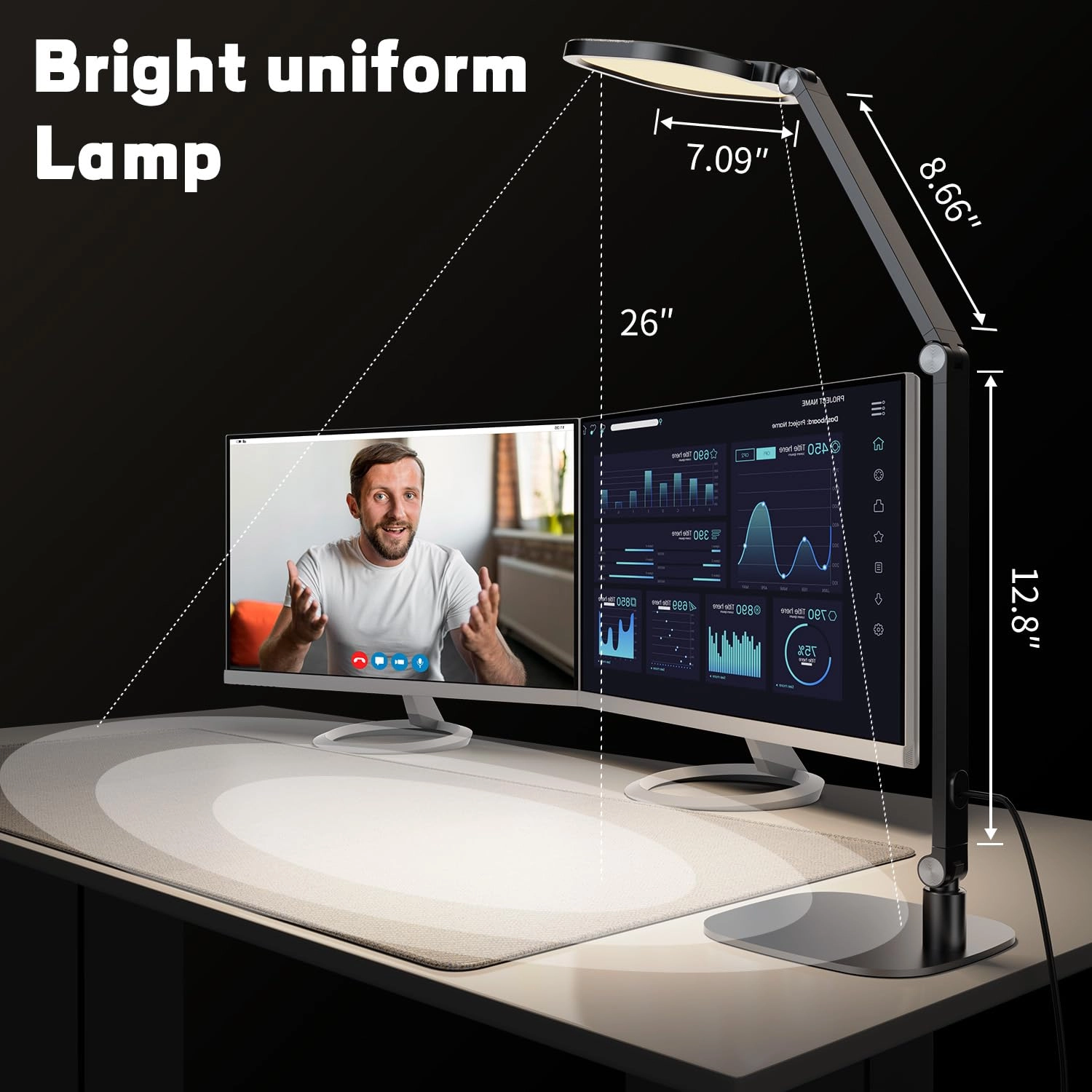 LED Desk Lamp - Dimmable Soft Diffused Light Adjustable Metal Swing Arm