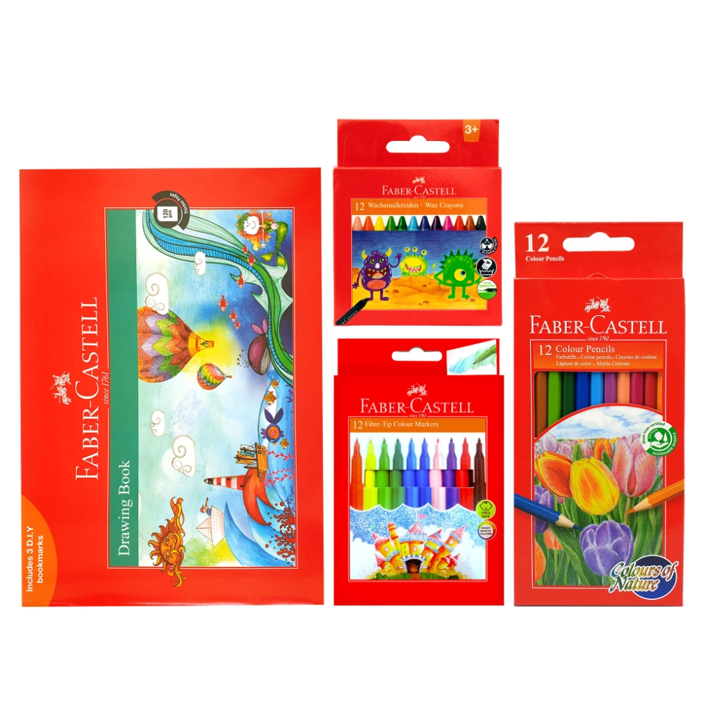 Faber-Castell A4 Drawing Book + Colour Pencil Pack + Fibre Tip Colour Pens + Wax Crayon - Set of 4