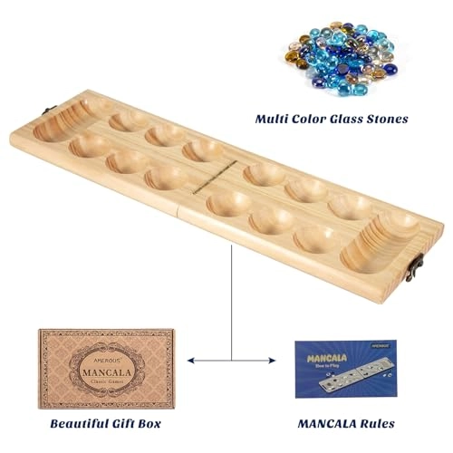 Mancala - Wooden Folding 728 Bonus Multi Color Glass Stones