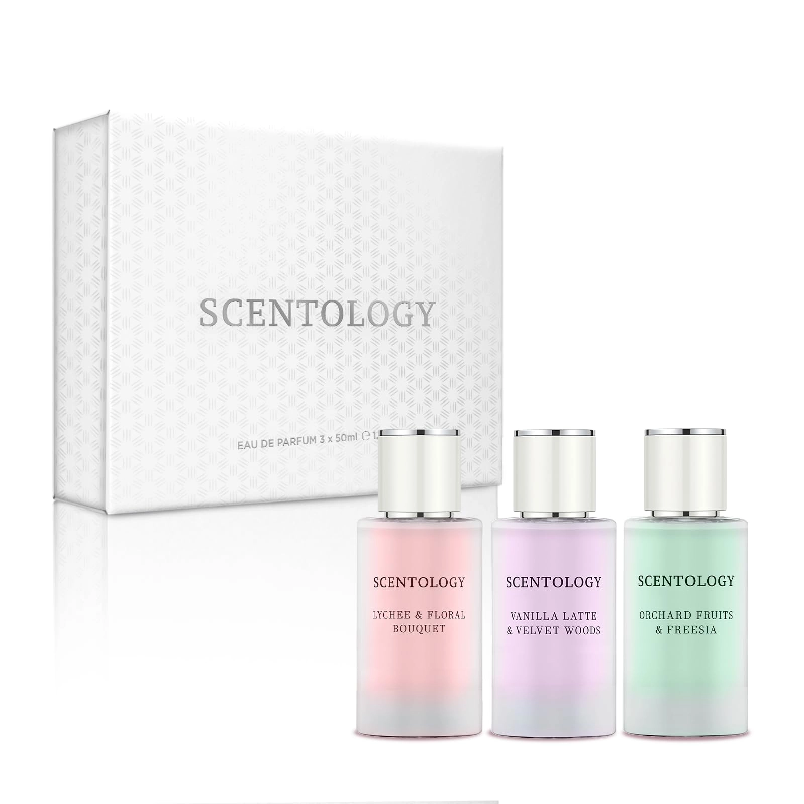 SCENTOLOGY Vanilla Latte & Velvety Woods + Lychee & Flower Bouquet + Orchard Fruits & Freesia - Eau de Parfum 3 x 50 ml