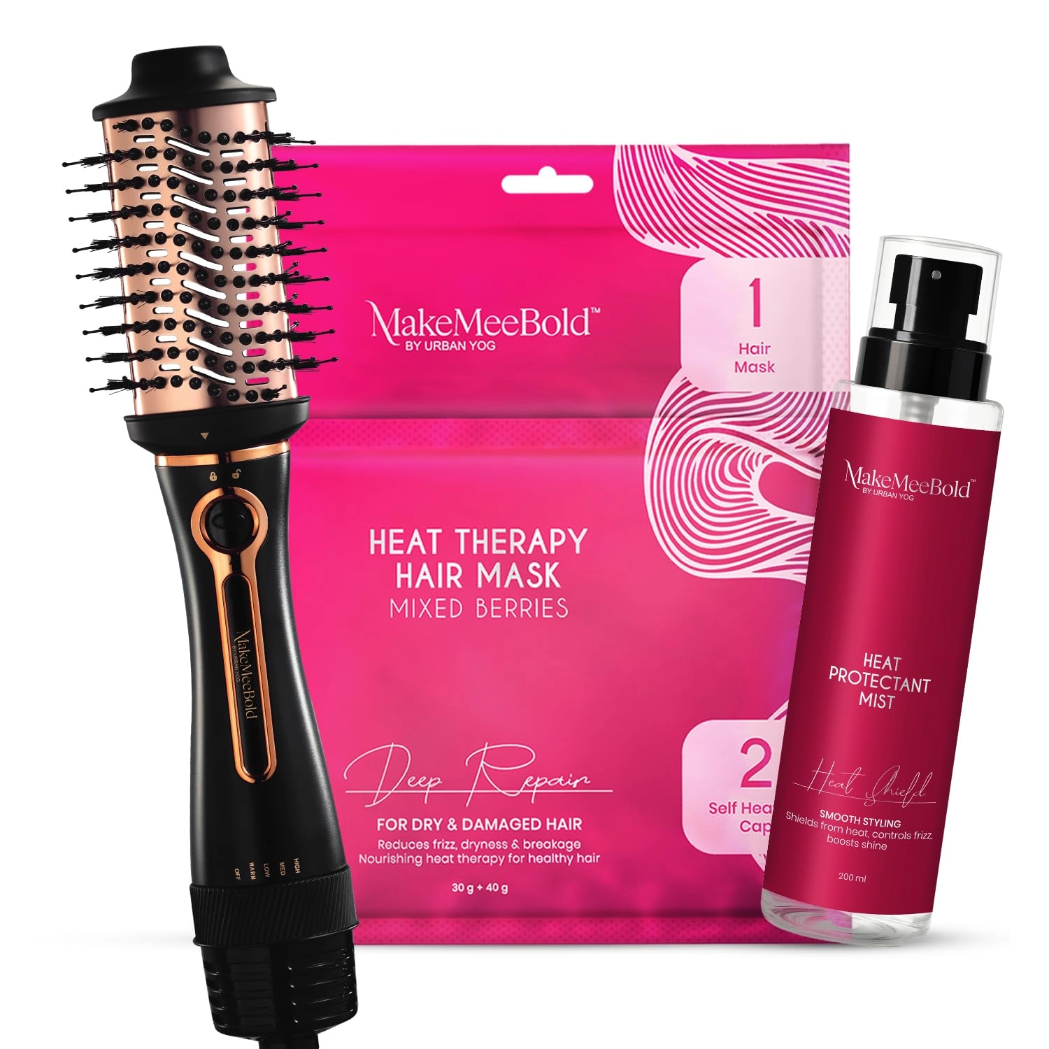 GLOBALBEES BRANDS PRIVATE LIMITED Hot Air Brush - 1200W + Heat Therapy Hair Mask - Self-Heating Cap + Heat Protectant Spray - 200ml