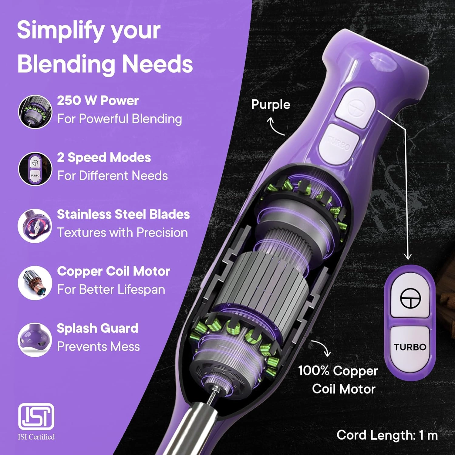 Hand Blender - Stainless Steel Blade Detachable Body 2 Speed Modes Purple