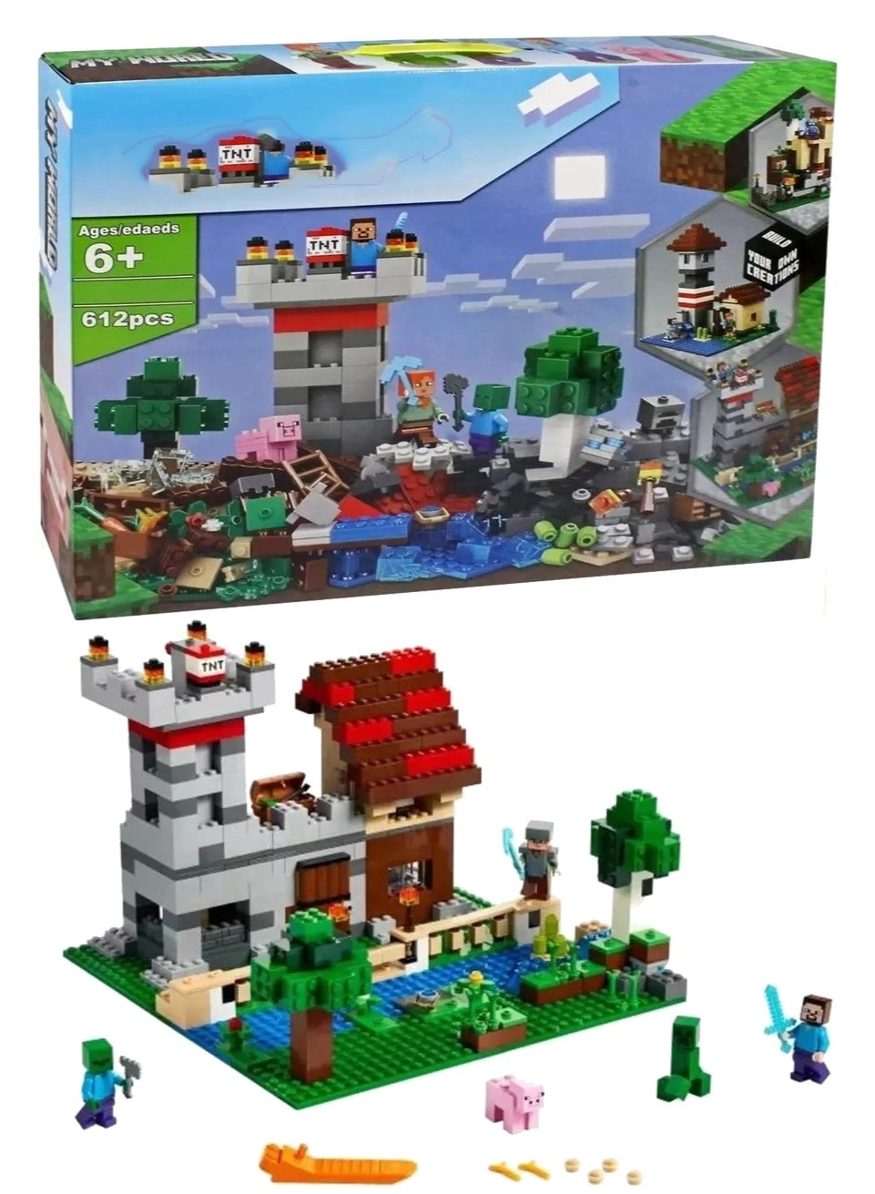 REZZOSS Fortress Defense & Farm - Steve Alex Zombie Creeper Pig 612pcs