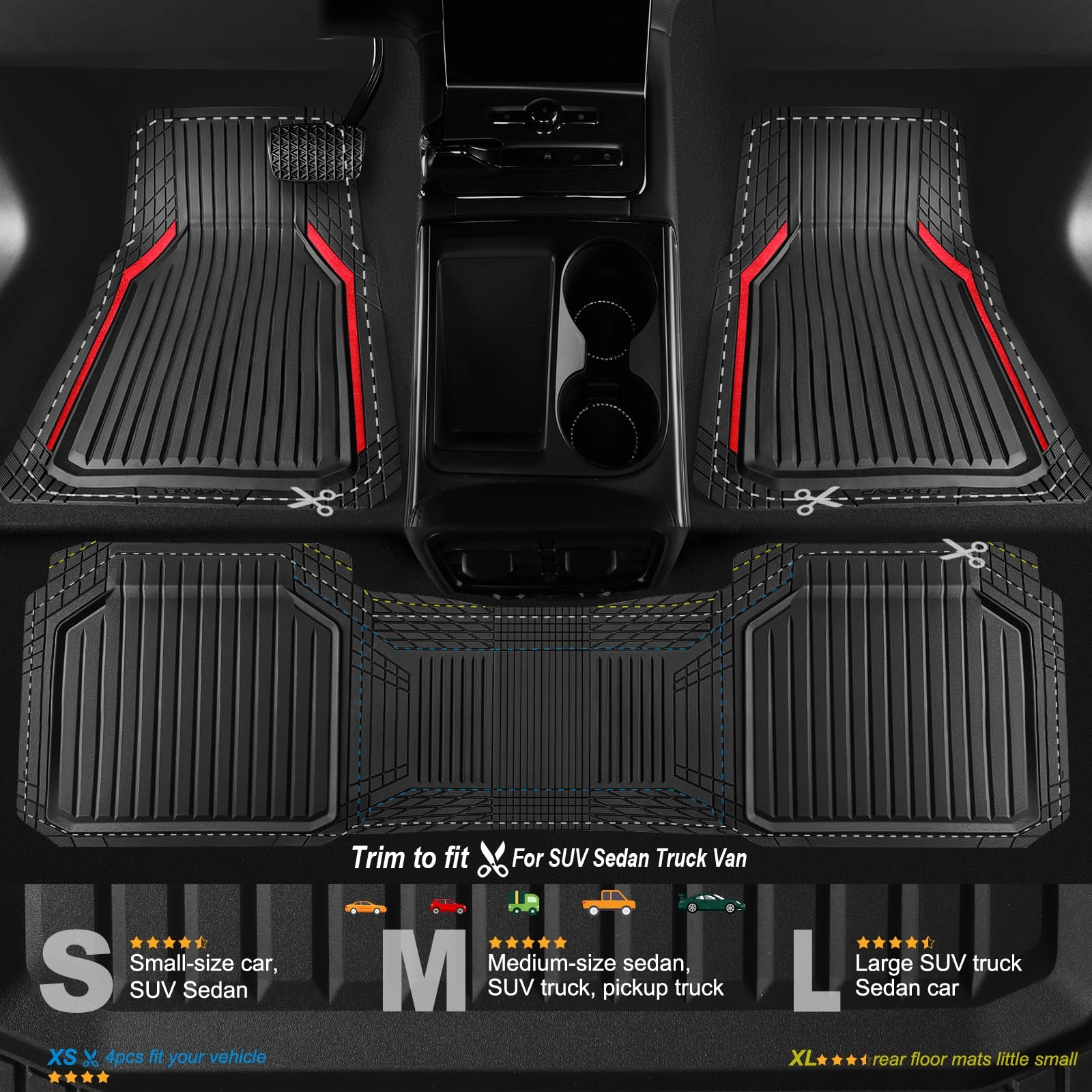 Heavy Duty Rubber Floor Mats - Universal Fit 3pcs Black Purple