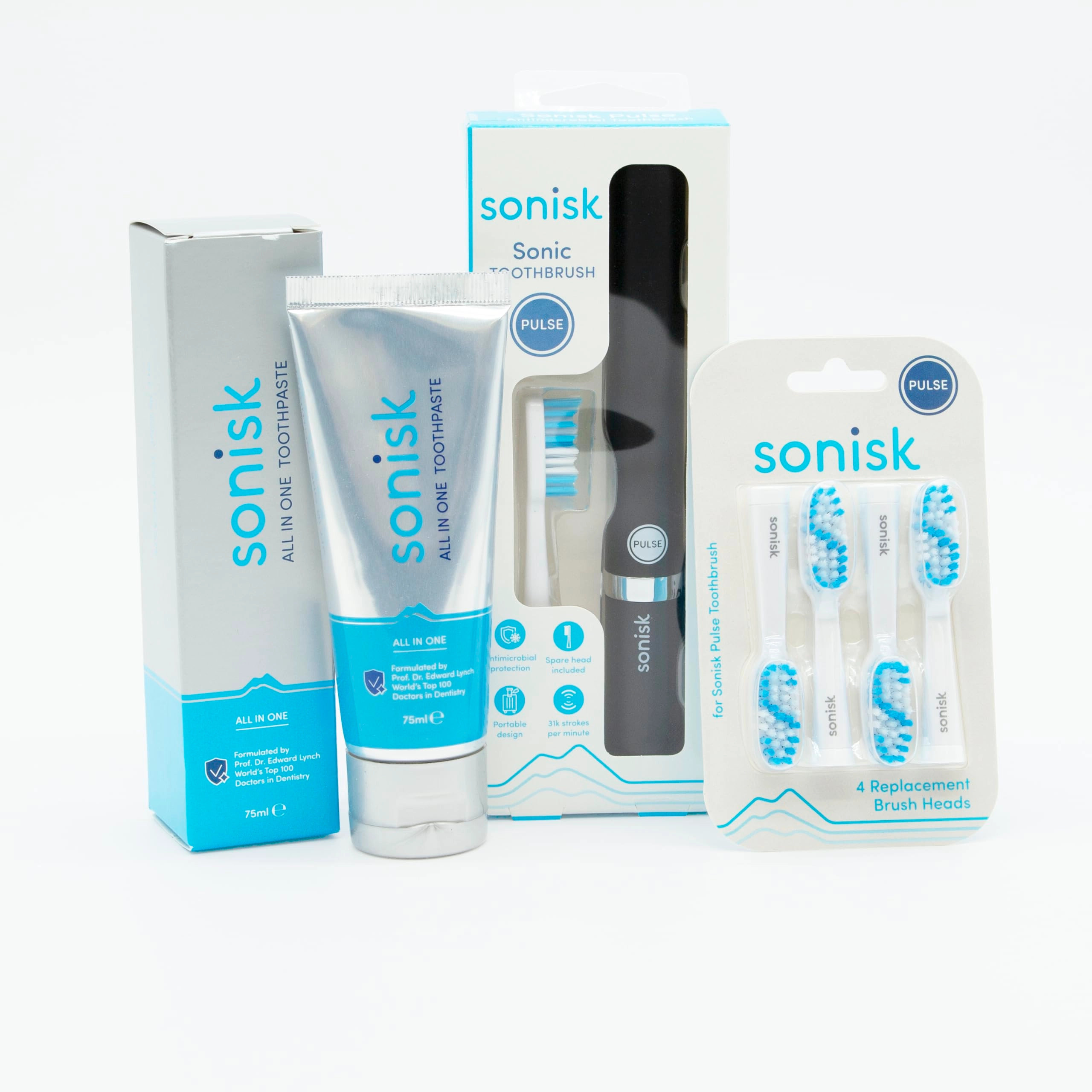 Sonisk Pulse Electric Toothbrush - 31,000 strokes per minute Matte Black + Replacement Heads - 4 + All-in-One Toothpaste