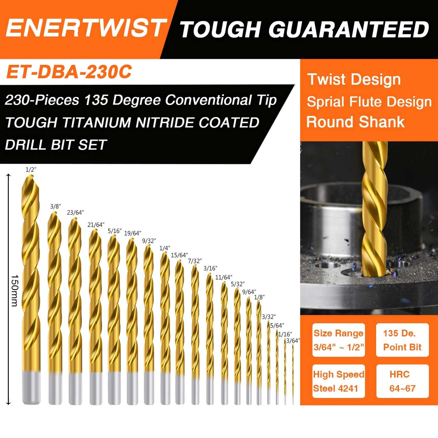 Drill Bit Kit - Titanium 230-Piece 3/64inch up to 1/2 Inch