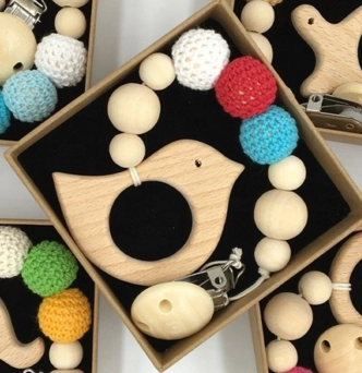 Wooden Teether with Pacifier Clip - beech wood