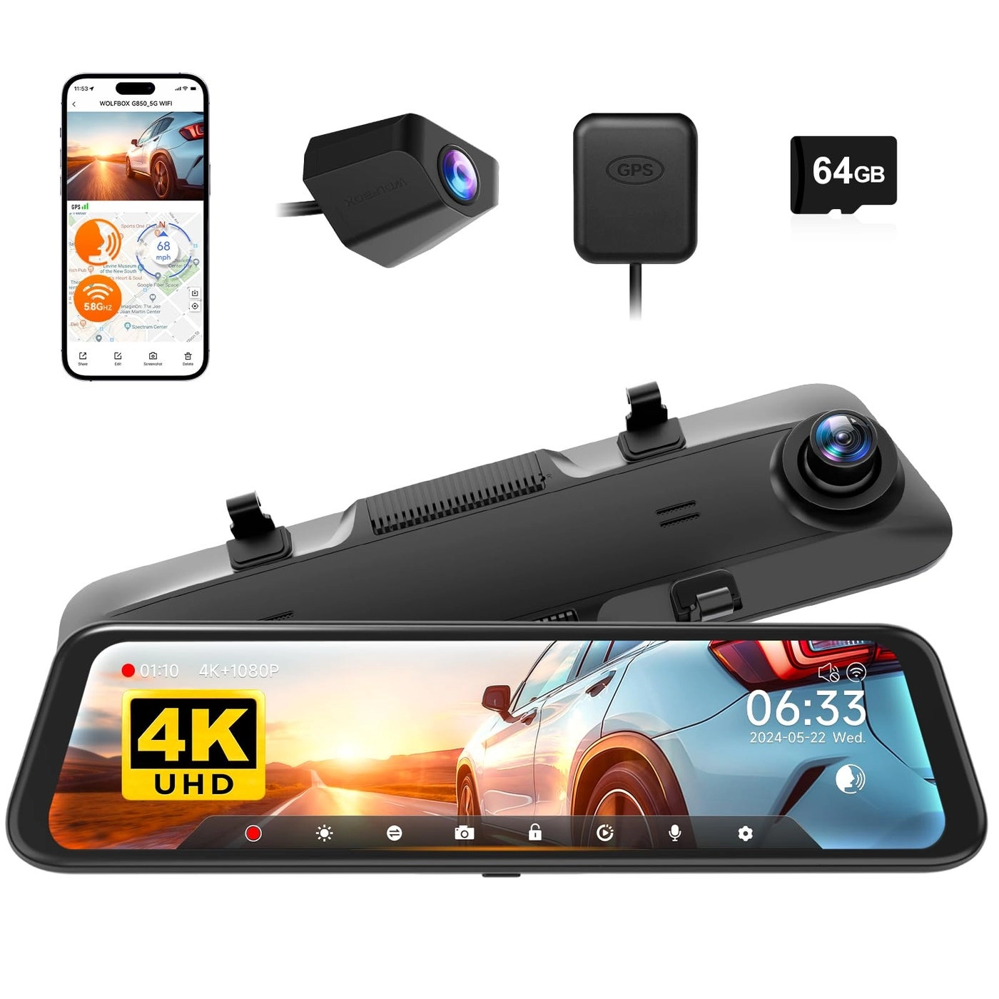 WOLFBOX Rear View Mirror Camera - 4K