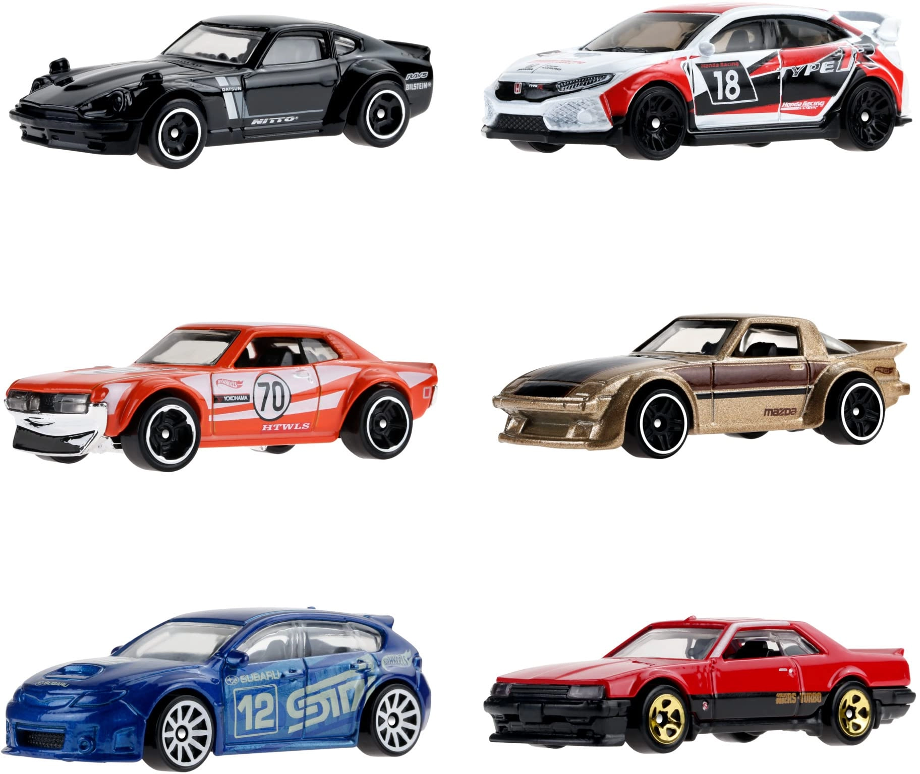 Hot Wheels Datsun 240z - 1:64 6 pcs + Civic Type R + Toyota Celica + Mazda RX-7 + Subaru WRX STi + Nissan Skyline