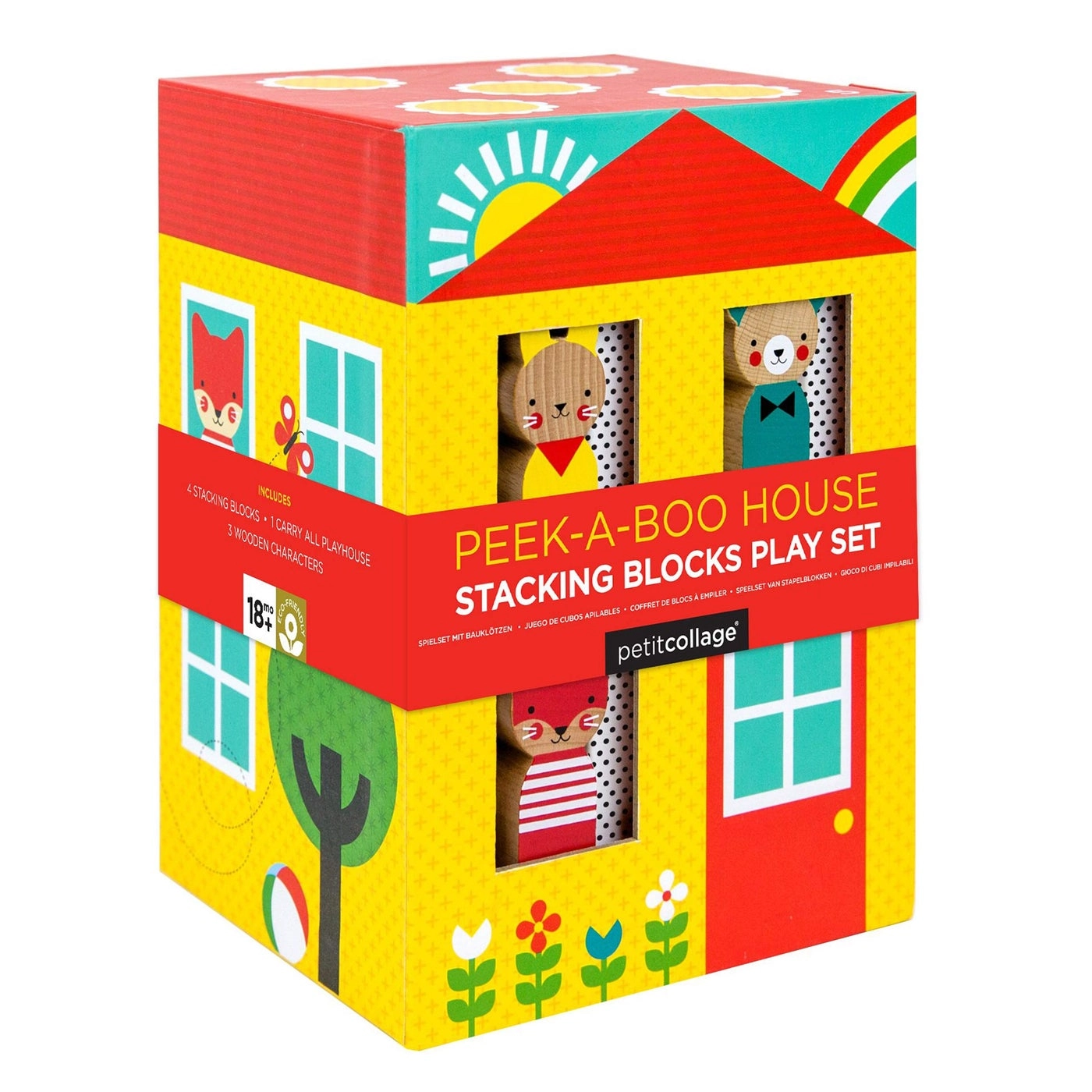 Peek-A-Boo Nesting and Stacking Blocks Playset - 3 Wooden Characters 4 Stacking Boxes