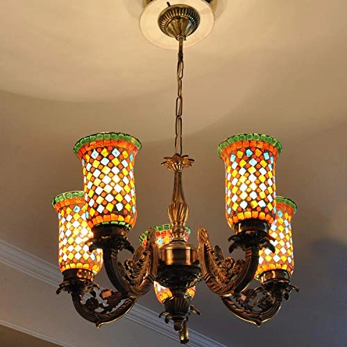 Indian Mosaic Glass 5 Lights Chandelier - Multi-colored Brass 28 x 22 Inch