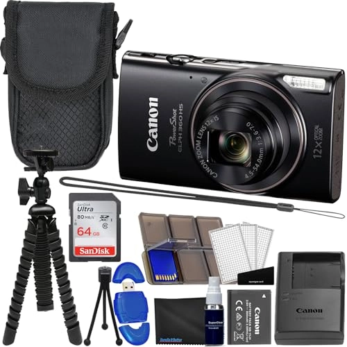 PowerShot ELPH 360 HS + 64GB Memory Card + USB High Speed Memory Card Reader + Gripster Spider Tripod + Deluxe Padded Camera Case + Pack of LCD Screen Protectors + 6-Slot Memory Card Case + Microfiber cloth