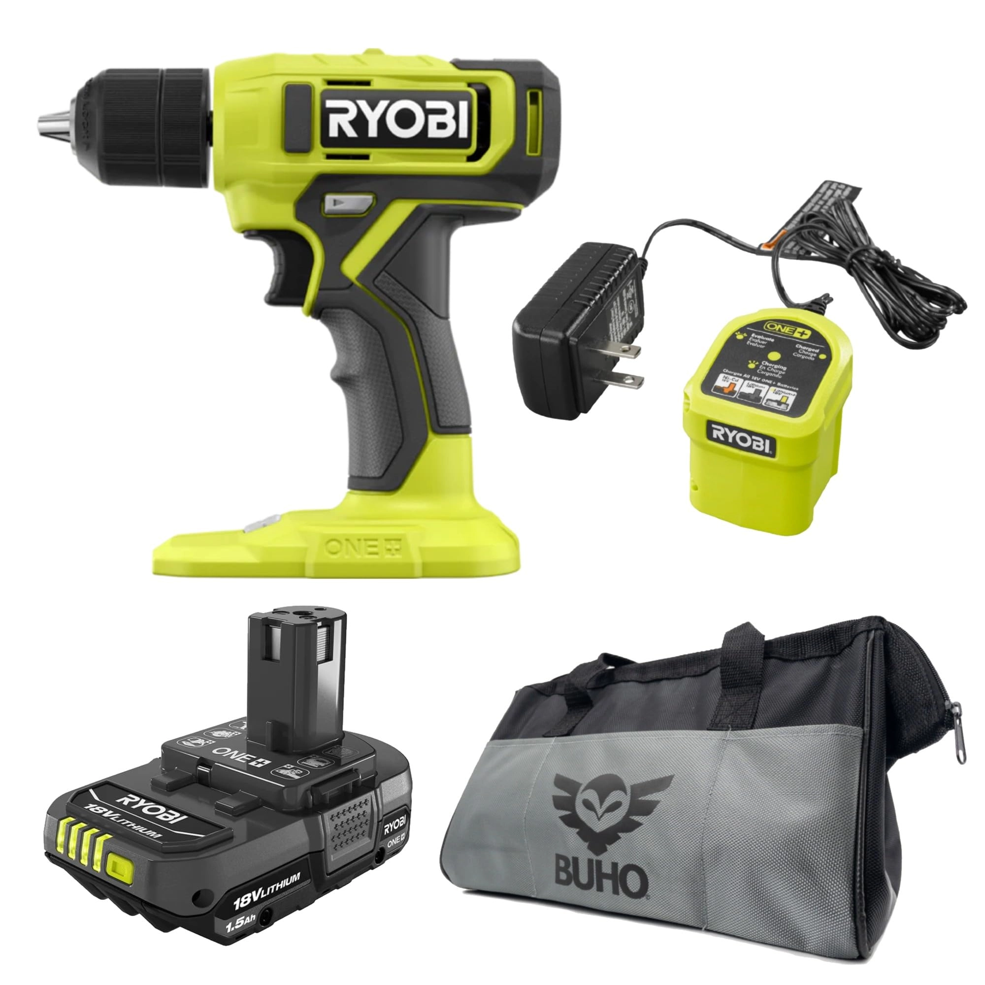 Cordless Drill + Battery - 1.5 Ampere-hour 18 Volt + Battery Charger + Drill Bits + Tool Bag