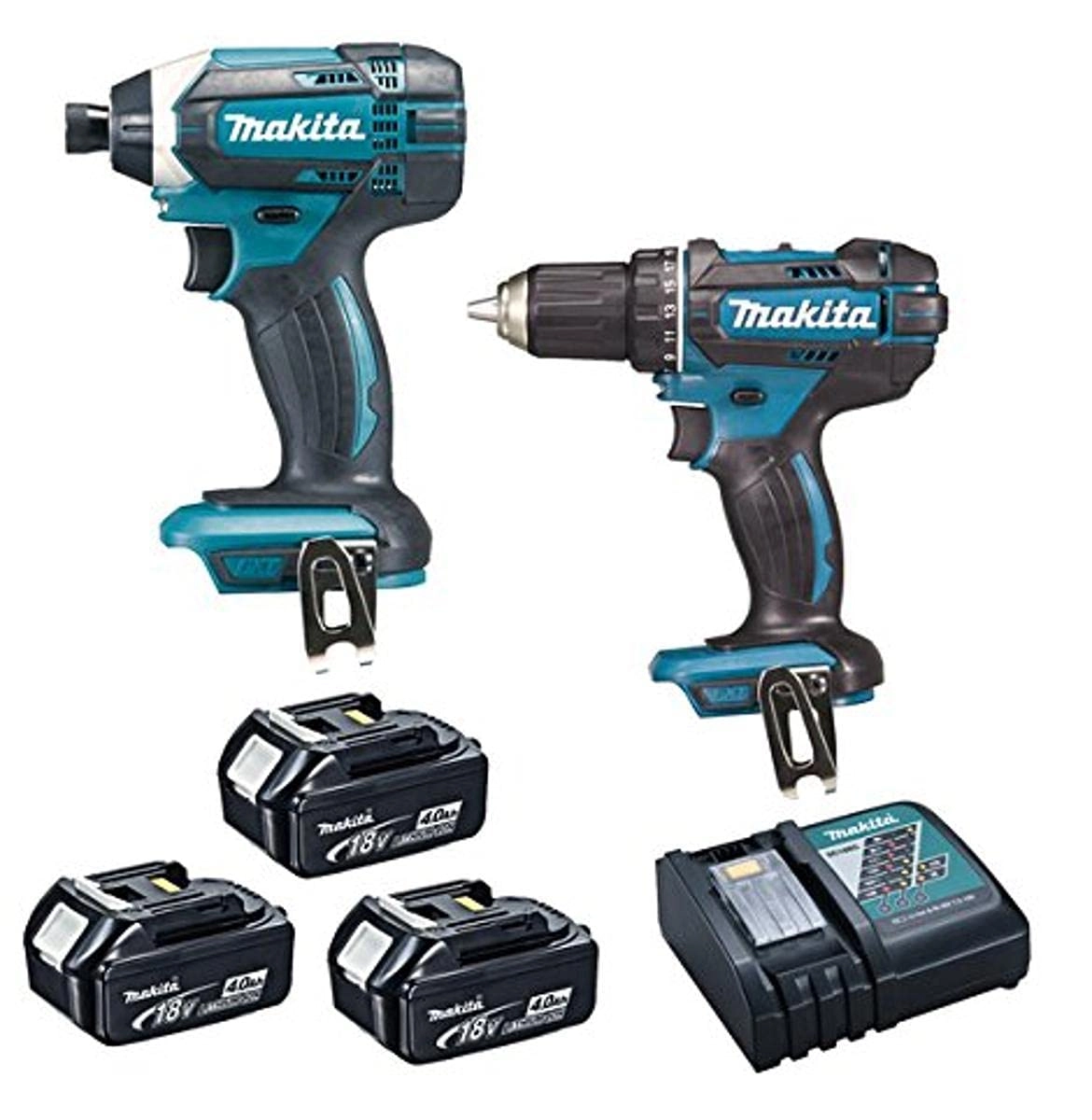 Makita Drill Driver + Impact Driver + Battery - 3x 18V 4Ah Li-ion + Makpac