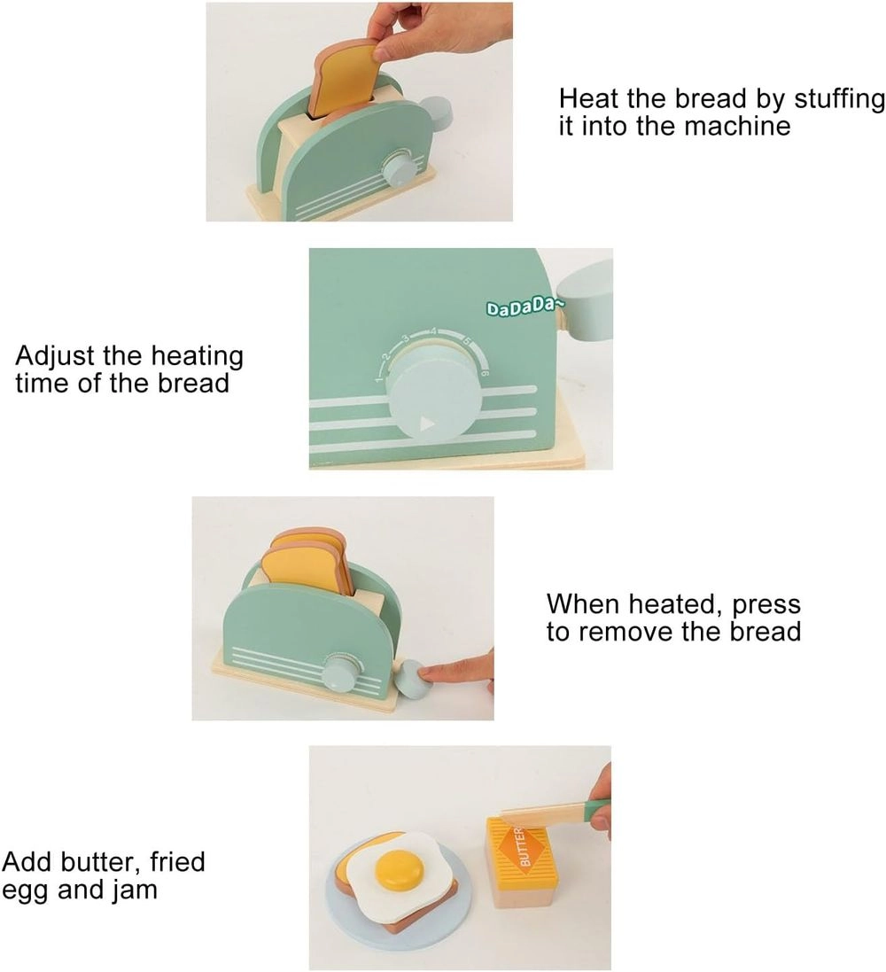 Kids Wooden Bread Toaster Pretend Playset - 10pcs (5551007-KABI-0154)