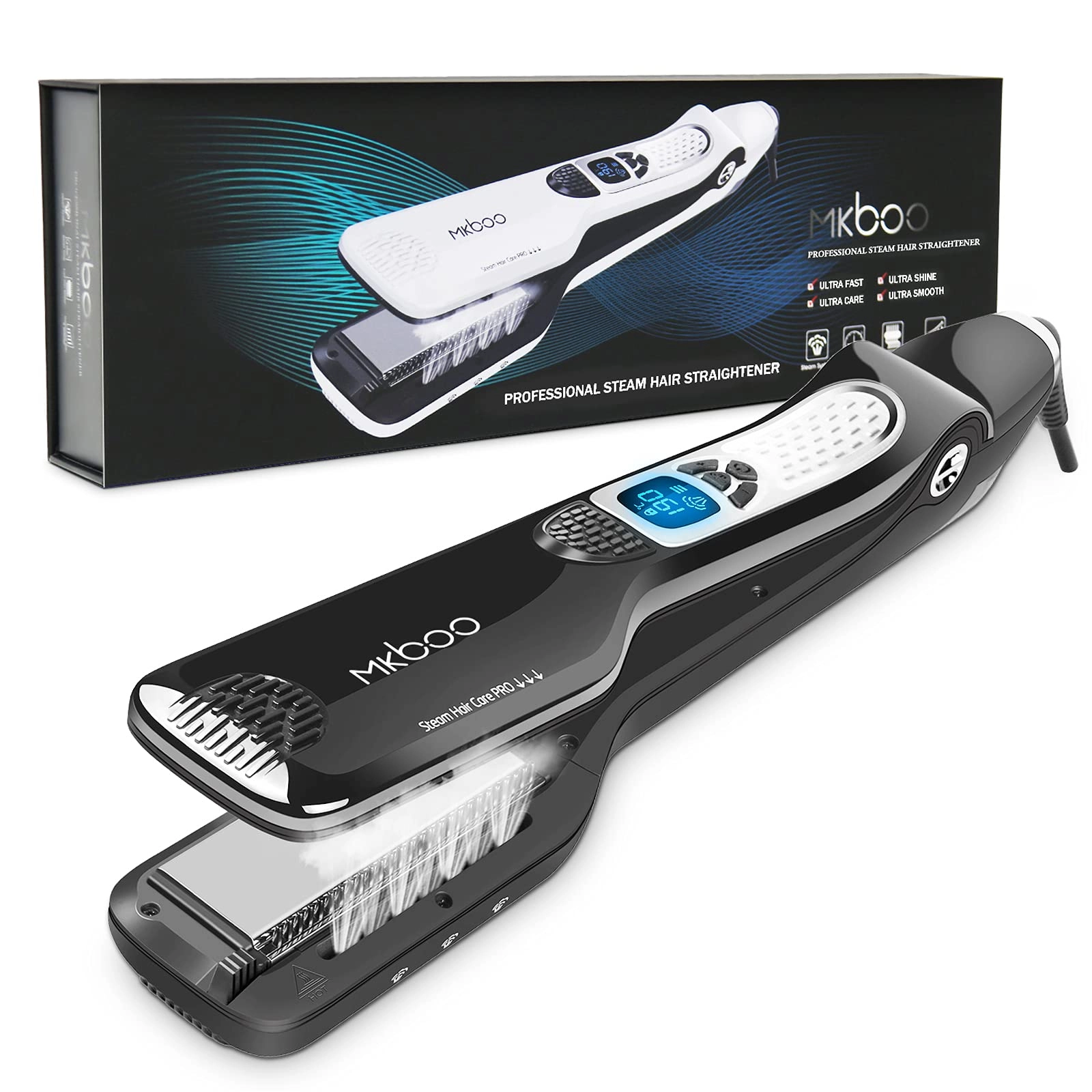 mkboo Hair Straightener with Steam - Nano Titanium Ceramic Removable Comb Digital LCD
