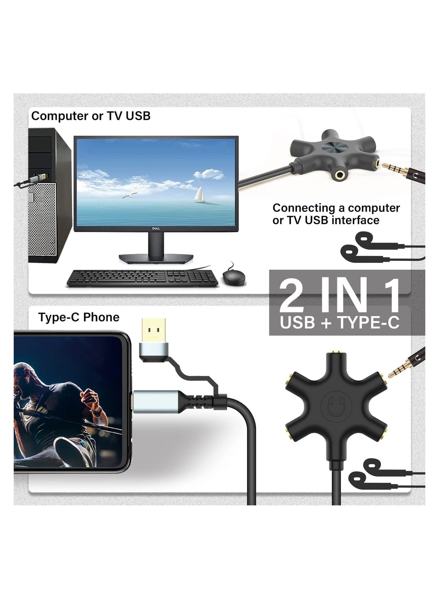 Headphone Splitter - 5-Jack 3.5mm USB Type-C