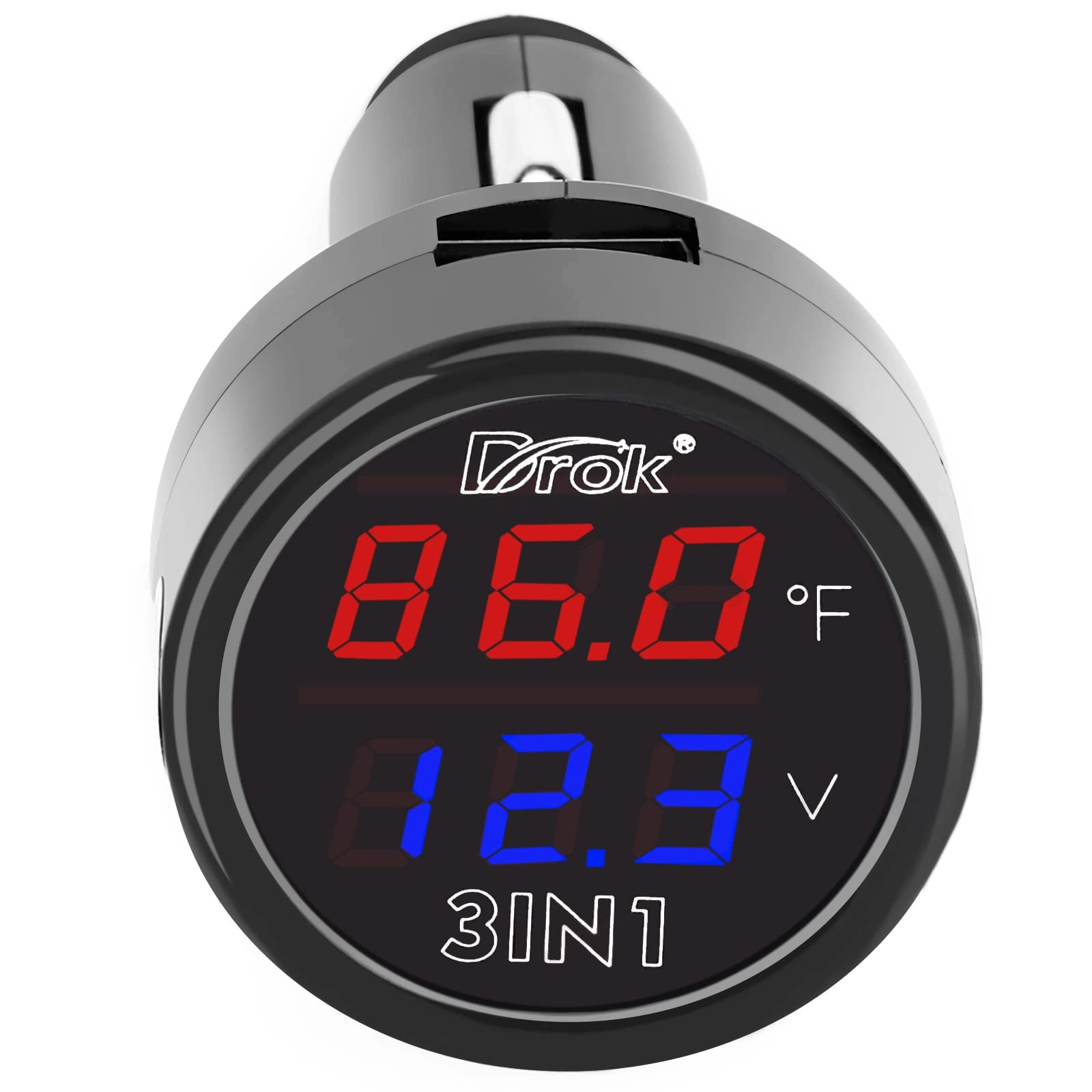 DROK Digital Voltage Temperature Monitor - 5V 2.1A USB 12V/24V