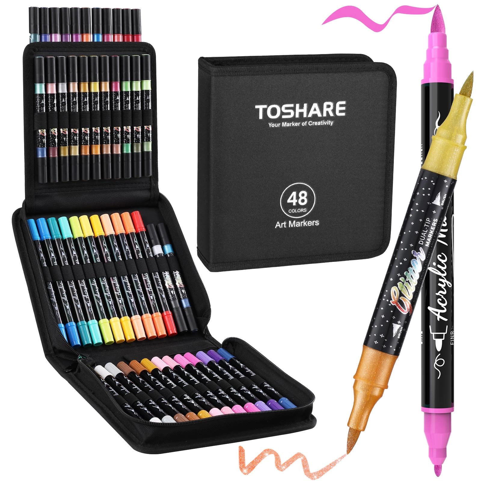 toshare Glitter Markers + Acrylic Markers + Paint Pens - 72 Colors Brush & Fine