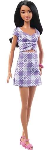Barbie Fashionistas - Tall Body Wavy Black Hair Purple Gingham Dress Ages 3+
