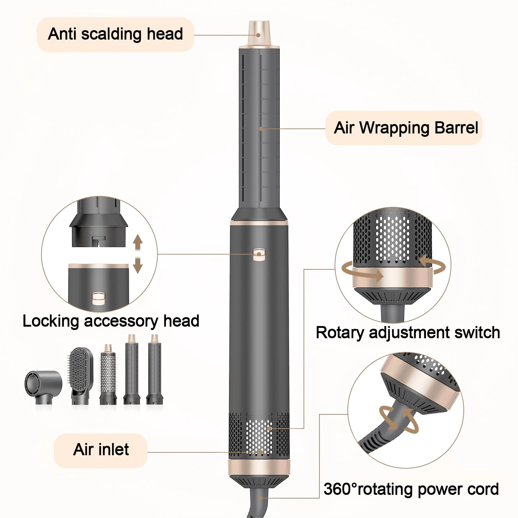 5 in 1 Hair Styler & Hot Air Brush - 800W Grey