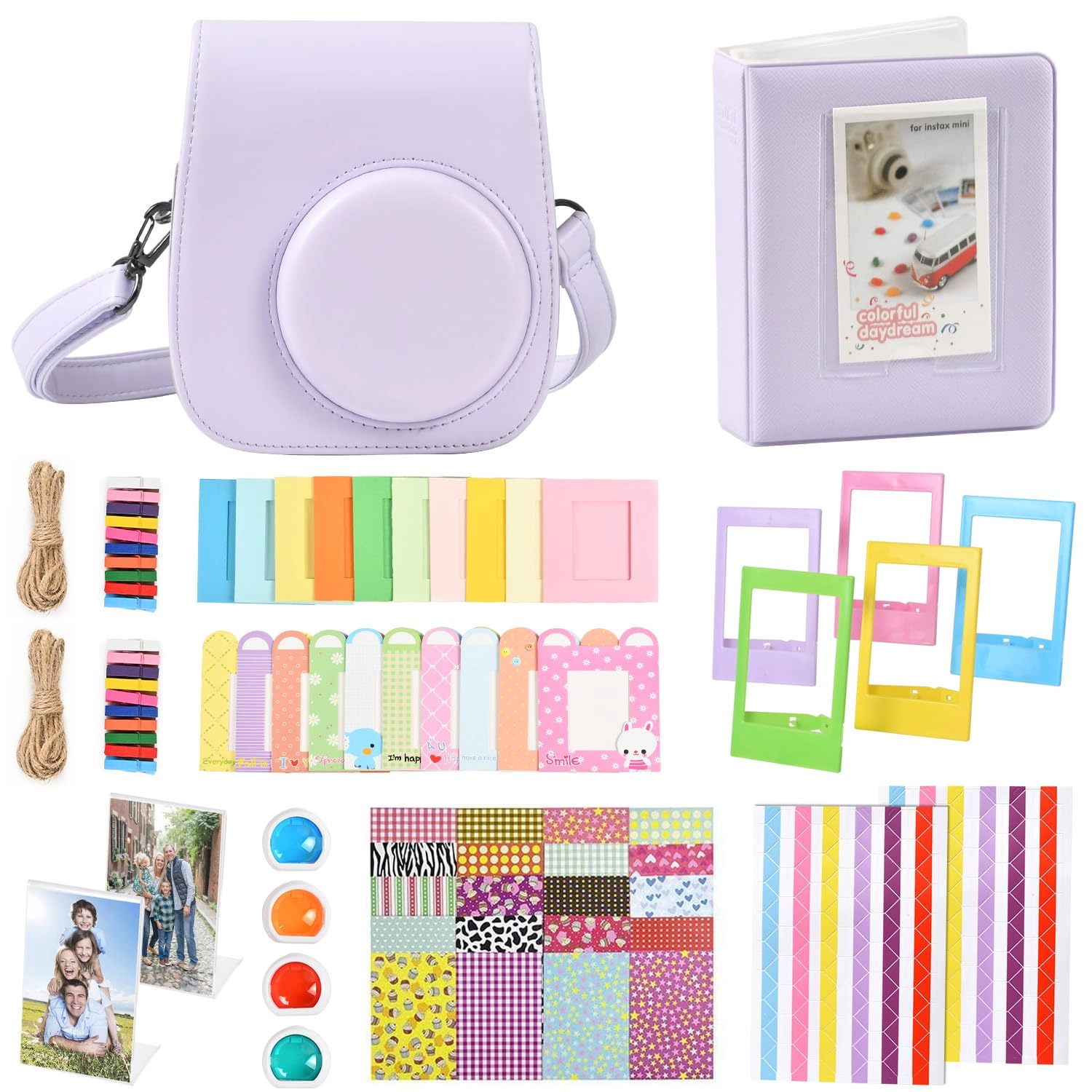 Mini 12 Camera Case + Mini Photo Album + Colorful Filter + Wall Hanging Frame + Stickers - Purple Compatible with Instax Mini 12