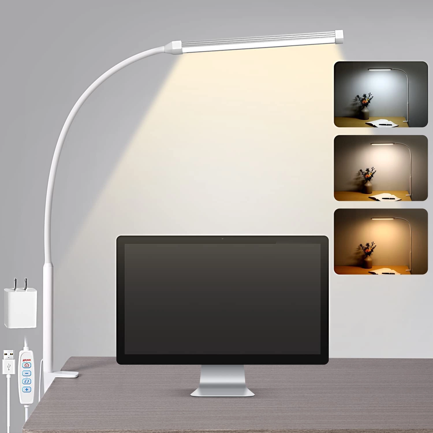 Voncerus LED Desk Lamp - Clamp 3 Modes 10 Brightness USB Adapter
