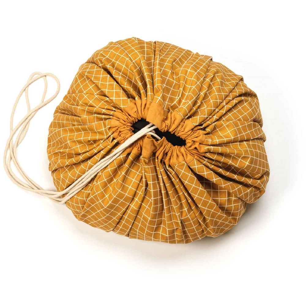 Organic Playmat & Storage Bag - Grid Mustard Suitable for 3 years & above