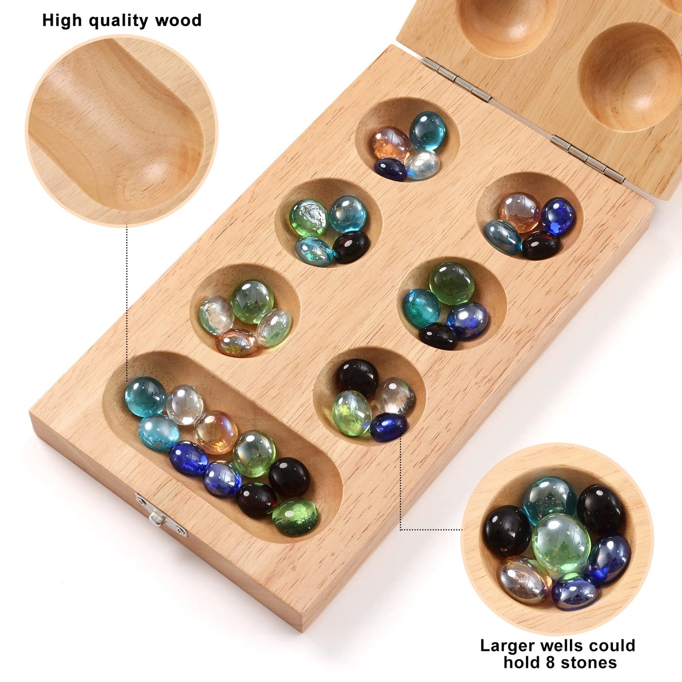 Mancala - Folding Rubber Wood Board 58 glass stones