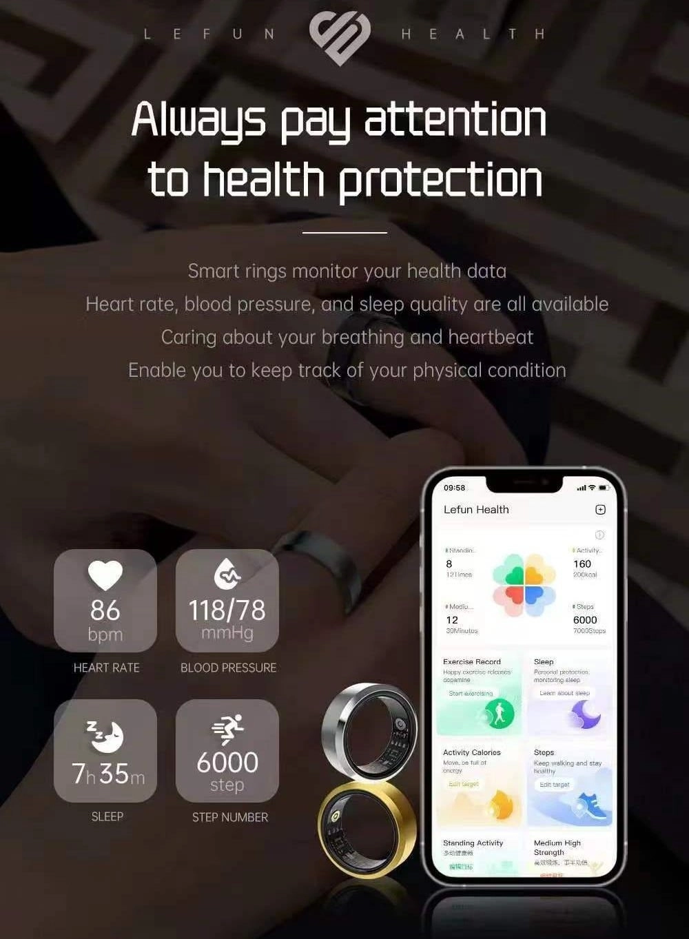 Smart Ring Health Tracker - IP68 Waterproof 10-Day Battery Sleep Tracker