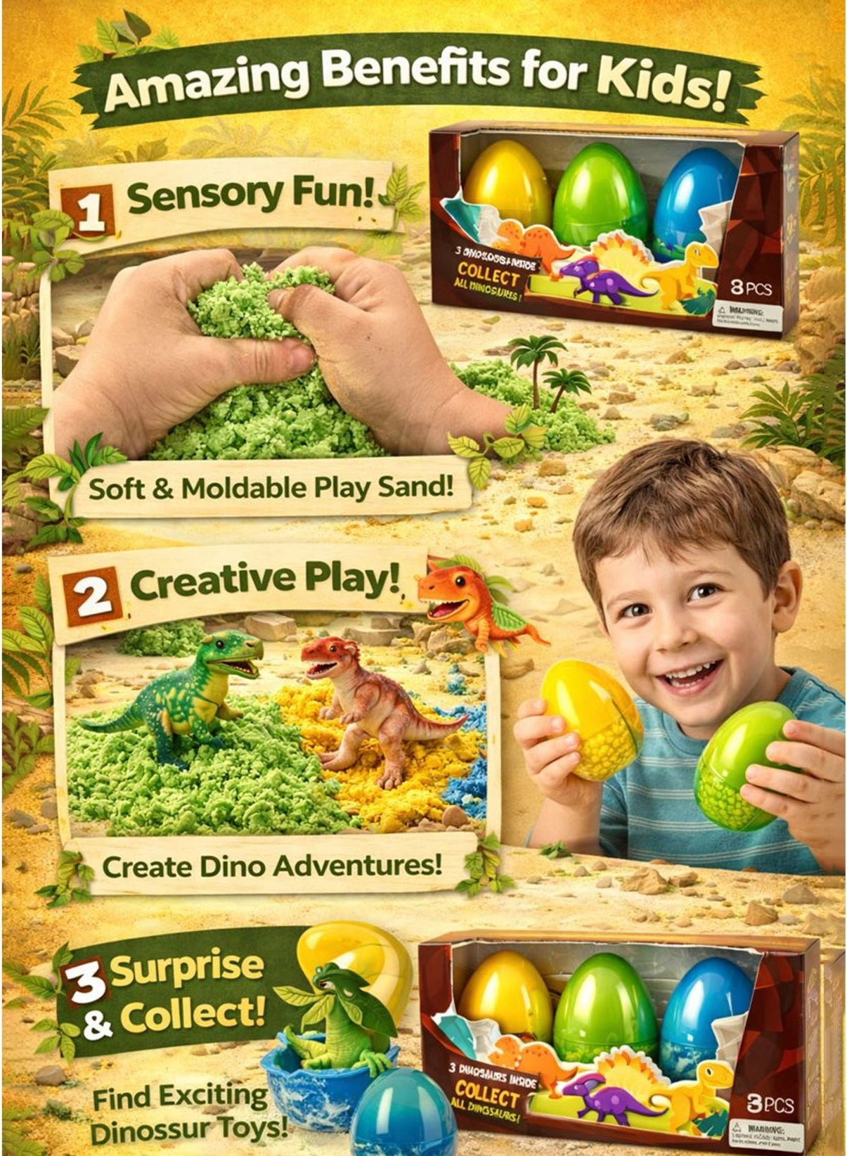 3-in-1 Dino Sand Game Moving Sand - 3 Dinosaur Egg Pots 178-180g