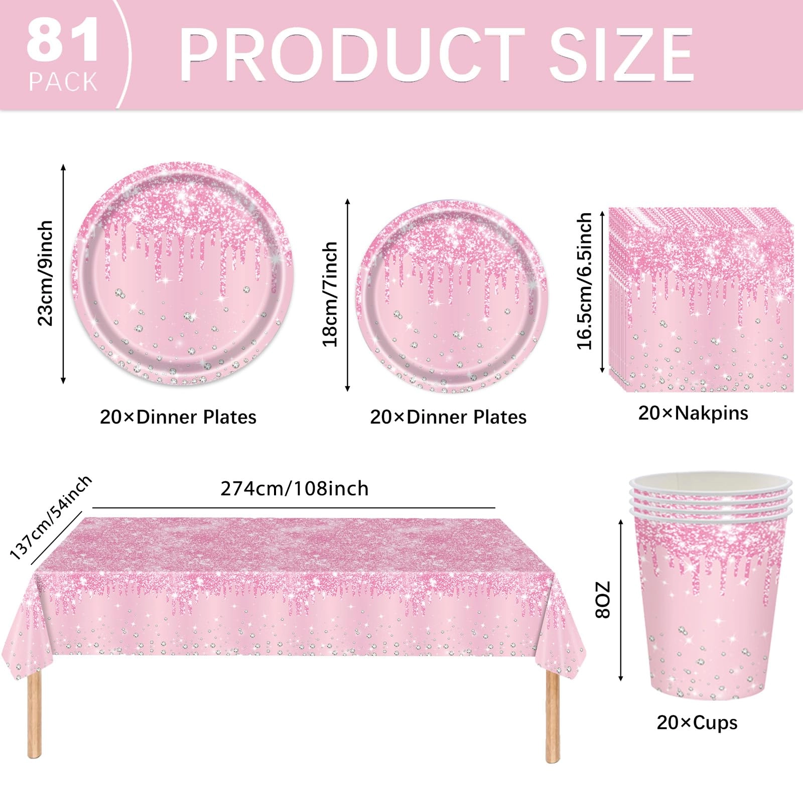 Shiny Glitter Diamond Party Tableware - 81pcs Birthday, Baby Shower Party
