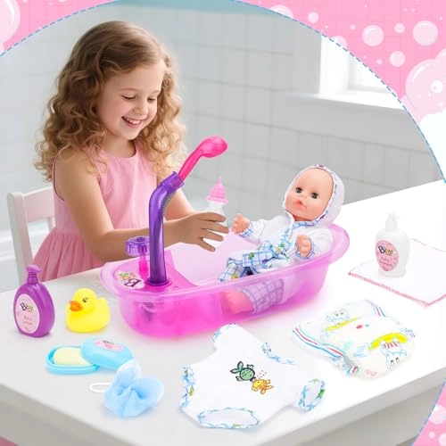 Baby Doll Set with Bathtub - 11PCS Pink