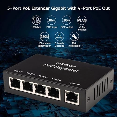 100M PoE Injector - 48V 30W 5 Port 802.3at/af 100 Megabits Per Second 90W