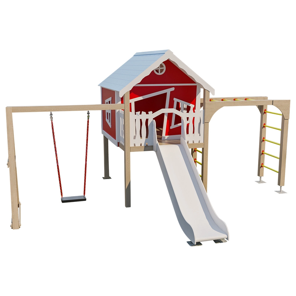 MOONKIDS Wooden Playhouse - Roof Monkey Bars Slide