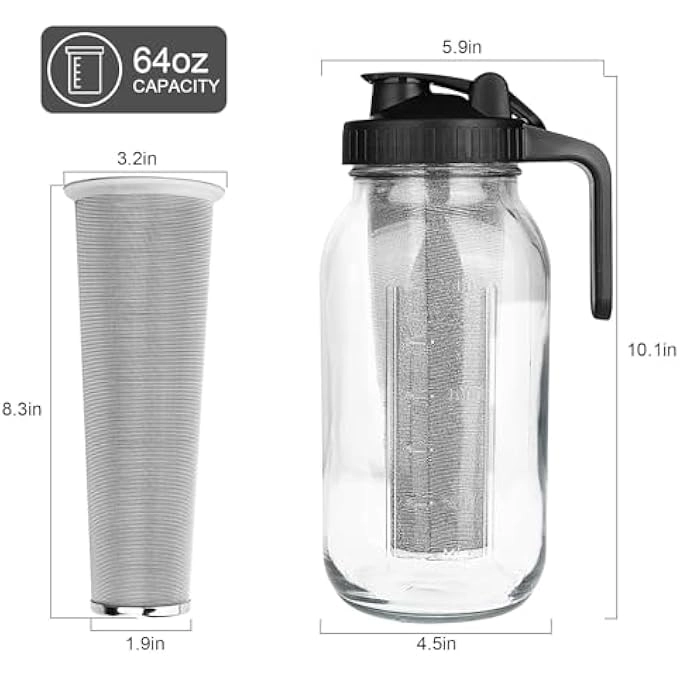 Cold Brew Mason Jar Pitcher - 64Oz Stainless Steel Mesh Filter