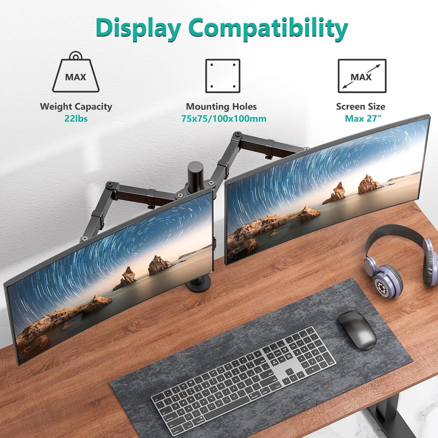 Dual LCD Monitor Desk Mount Stand - Two 27"