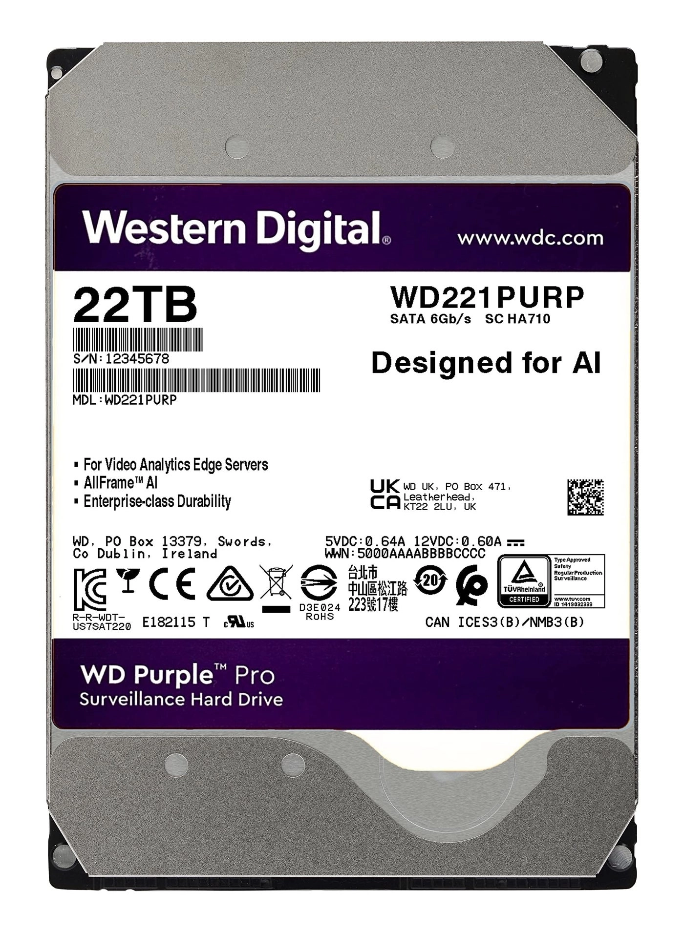 WD Purple Pro 3.5" 7200rpm 512MB SATA 6Gb/s (WD221PURP-SPB9SY0) - 22TB