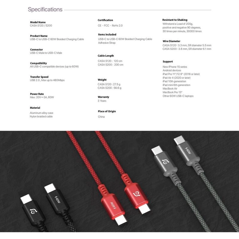 CASA S200 Cable 60W USB-C to USB-C 2m Braided