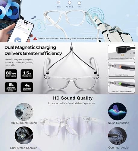 E13 Bluetooth Music Sunglasses - Bluetooth 5.4 Open-ear Speakers UV400 Blue Light Filter