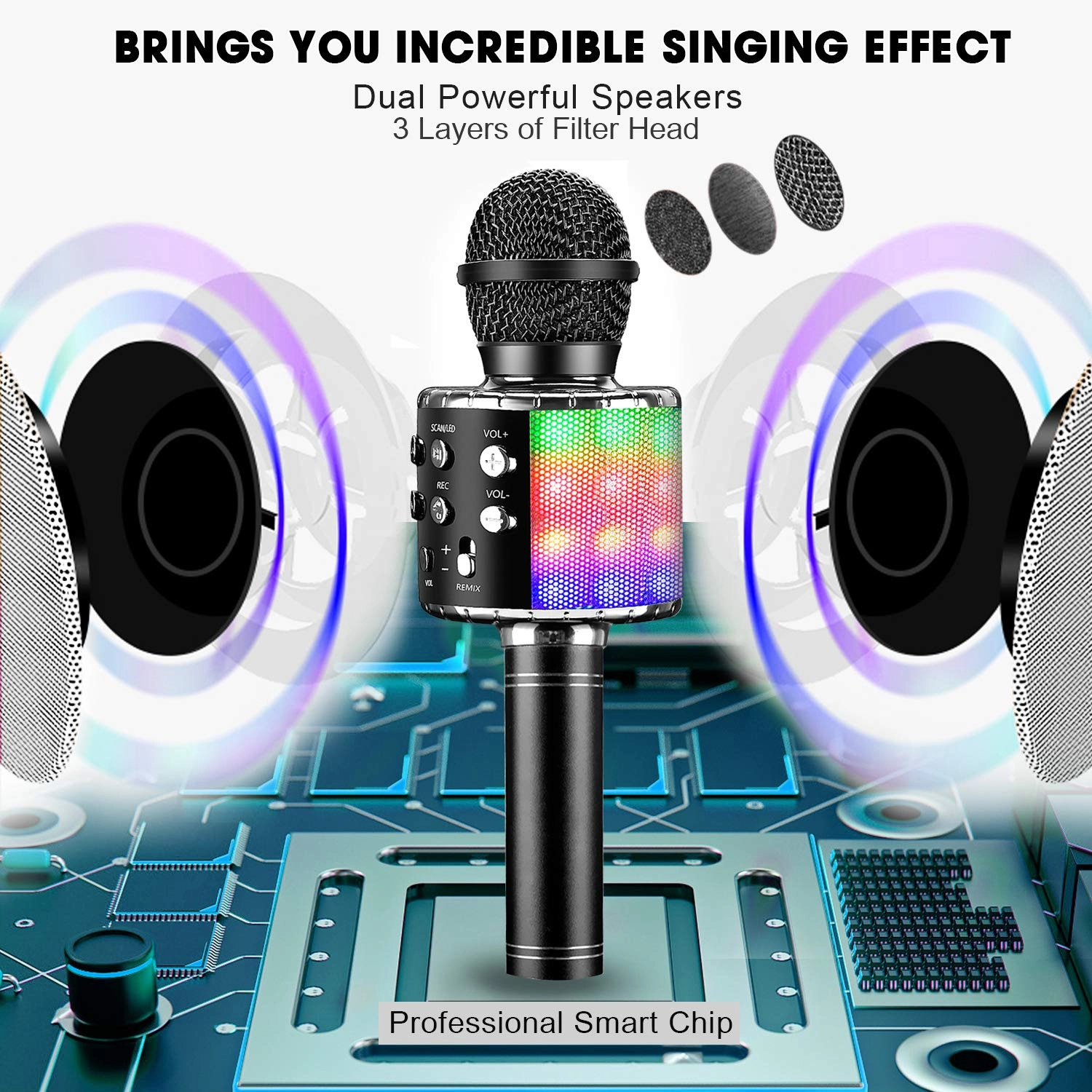 Karaoke Kids Microphone - 5 in 1 Wireless Bluetooth Black