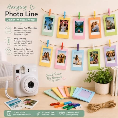 Camera Case - Clay White + Instax Mini Film 20 Shot + Mini Photo Album - 64 Pocket + Hanging Photo Display + Mini Desktop Photo Frames - 5 + Magnetic Fridge Photo Frames - 5 + Decorative Photo Border Stickers - 60