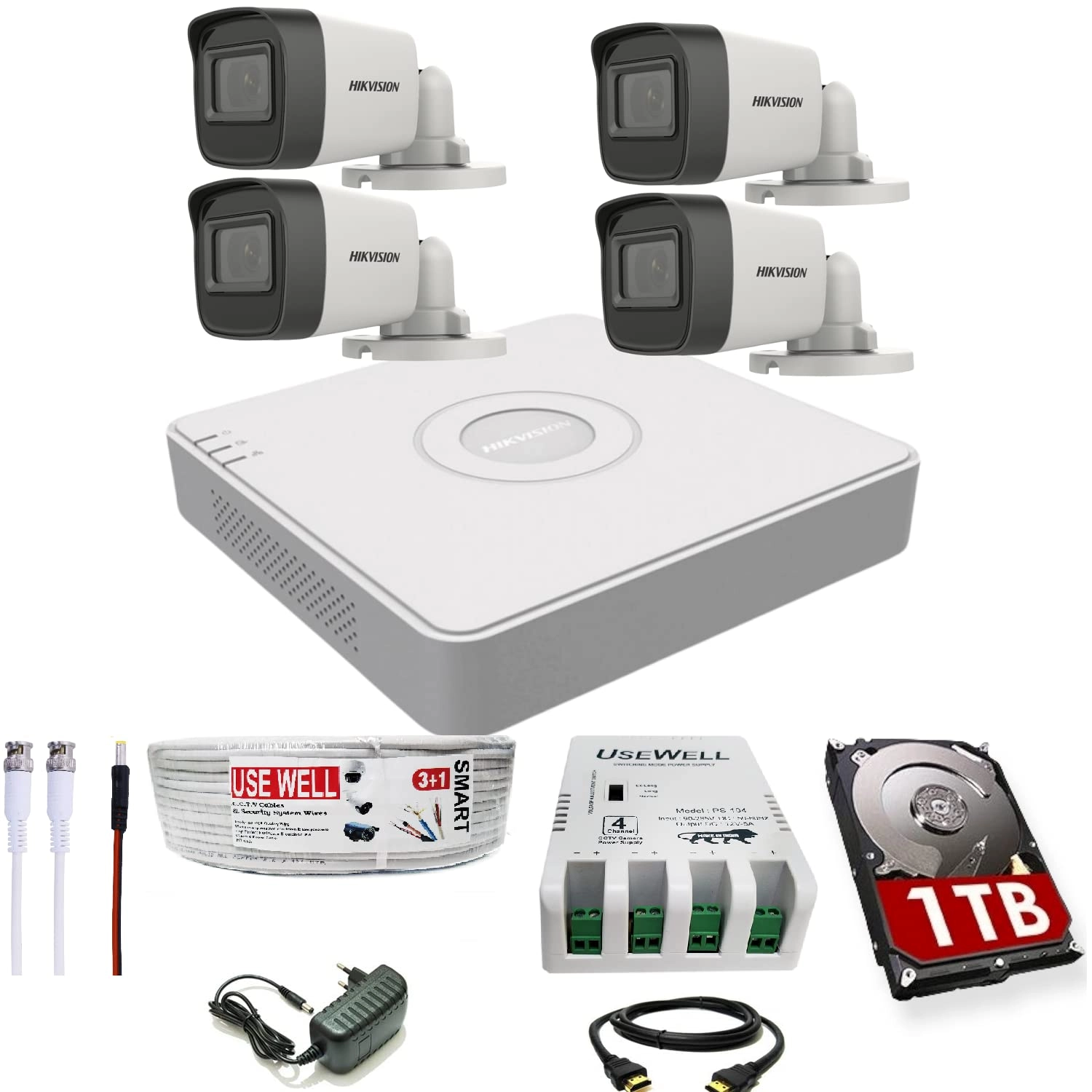 PRAMA HIKVISION 4 Channel DVR - 5MP Audio Recording + 4 Bullet Cameras + 1 TB HDD + 3+1 Cable Roll + 4 CH Power Supply + USEWELL BNC & DC