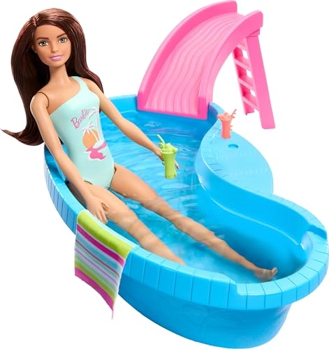 Doll - Brunette Seafoam Blue One-Piece Swimsuit + Pool Playset - Pool Slide Ages 3+