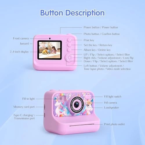 Kids Digital Camera - Instant Thermal Printer 4800W 1080p